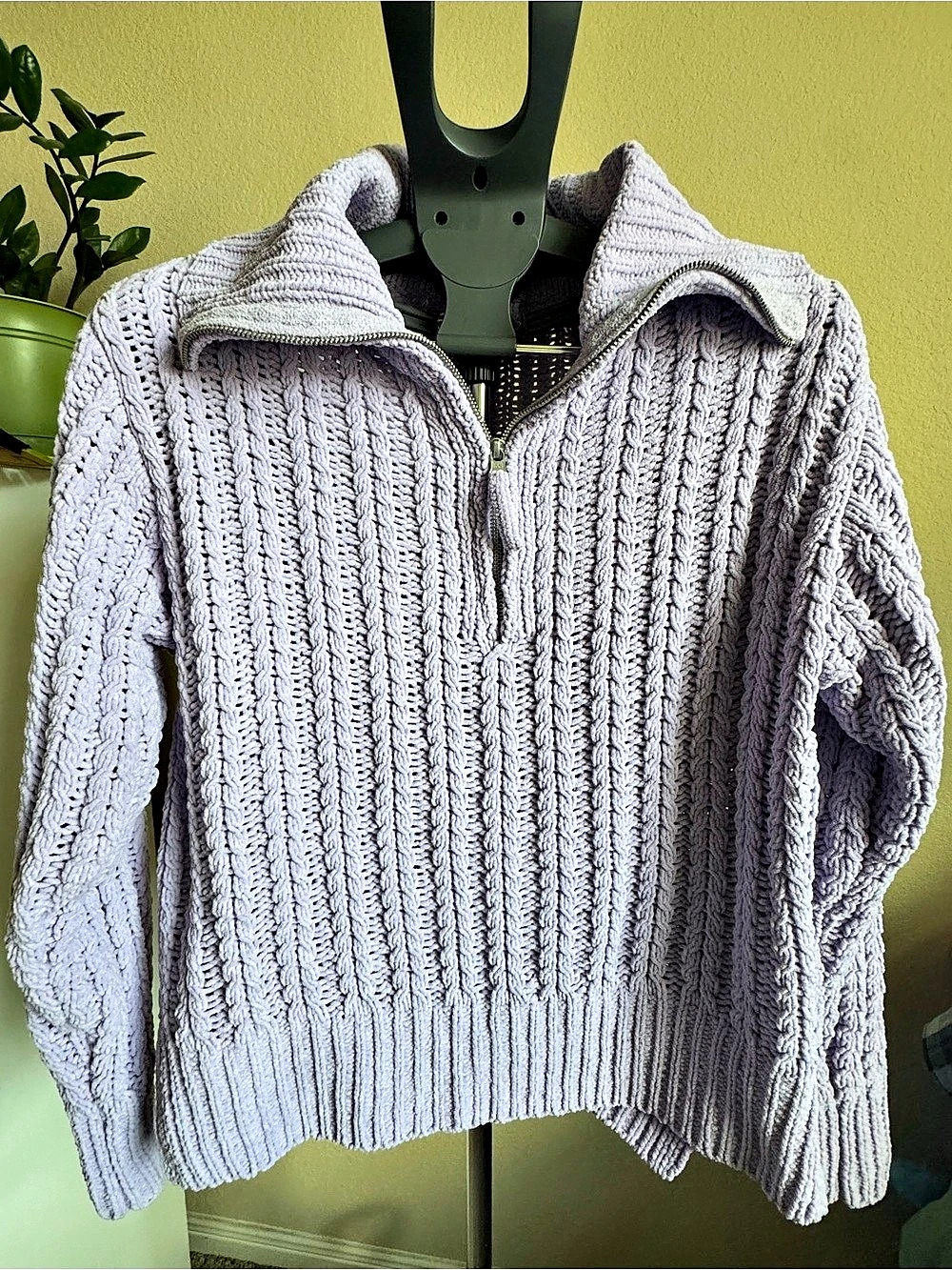 aerie Cable Car Quarter Zip Sweater Cable Knit Cowl Neck Sweater in Purple Size
